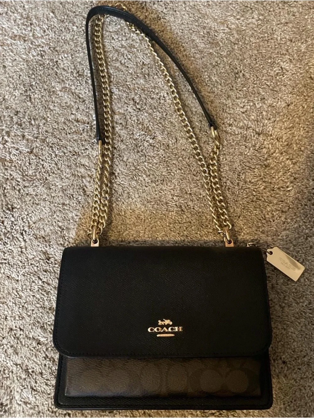 Coach Black Leather & Signature Canvas Chain Crossbody Bag